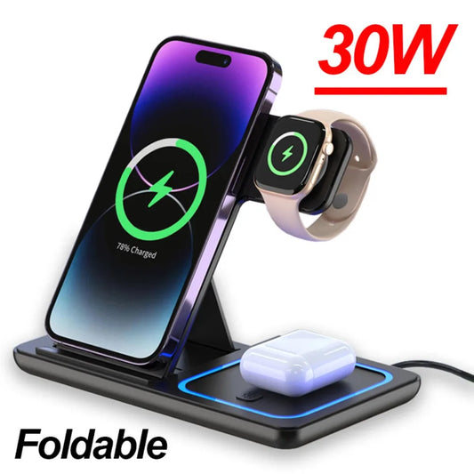 Foldable 3 in 1 wireless charging station by Novelle Co. for iPhone, iWatch, and AirPods in a sleek design.