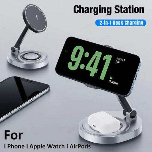 Novelle Co. 2-in-1 foldable magnetic wireless charger and phone holder stand for MagSafe iPhones and AirPods.