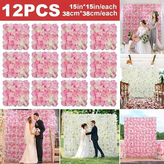 12PCS Novelle Co. artificial rose wall panel in 3D design, perfect for weddings and outdoor decorations.