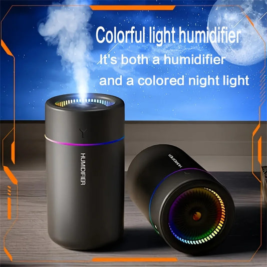 Novelle Co. colorful LED car humidifier with ultrasonic technology for aromatherapy in a bedroom or office setting.